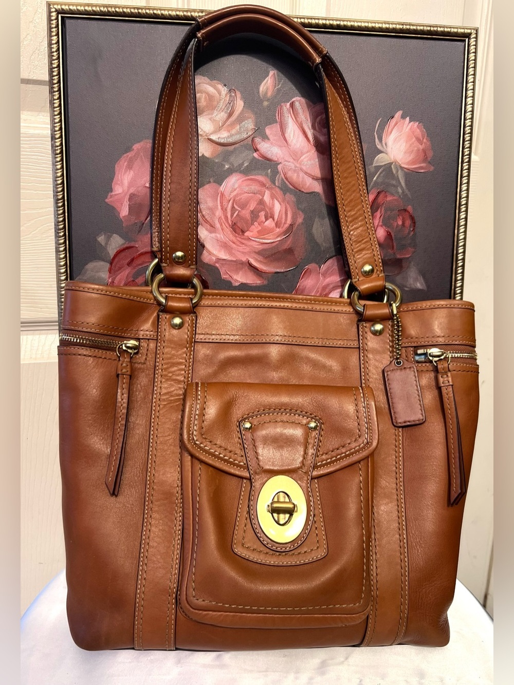 Coach Legacy Gigi Tote Shoulder Bag Whiskey leather brass turnlock pocket F12888 - Picture 5 of 17